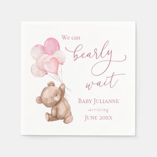 Bearly Wait Pink Teddy Bear Baby Shower Napkins