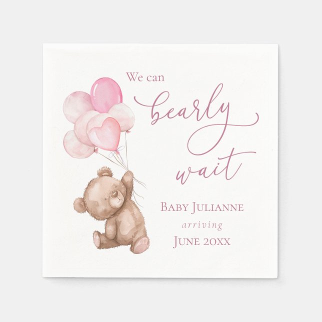 Bearly Wait Pink Teddy Bear Baby Shower Napkins (Front)