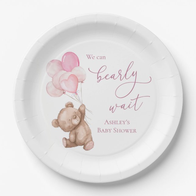 Bearly Wait Pink Teddy Bear Baby Shower Paper Plates (Front)