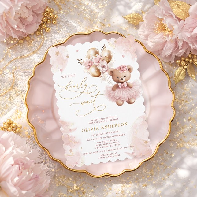 Bearly Wait Pink Teddy Bear Girl Baby Shower Invitation (Creator Uploaded)