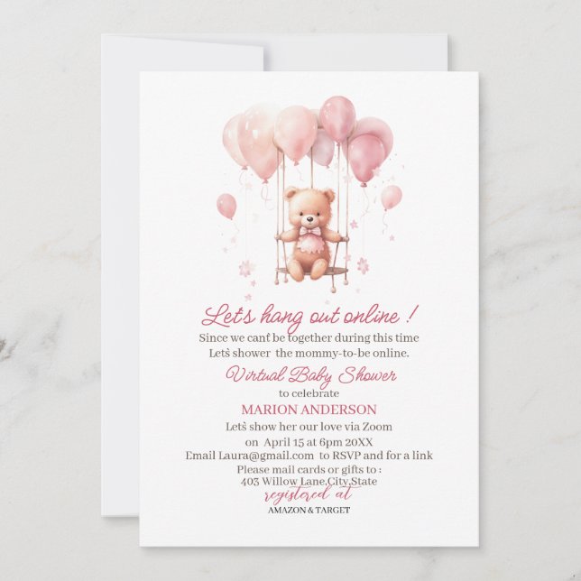 Bearly Wait Pink  watercolor Virtual Baby Shower Invitation (Front)