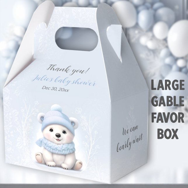 Bearly Wait Polar Bear Blue Baby Shower Large Favor Boxes (Blue Polar Bear Large Gable Favor Boxes - You can choose from 3 sizes of these gable favor boxes.)