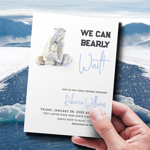 Bearly Wait Polar Bear Blue Boy Winter Baby Shower Invitation