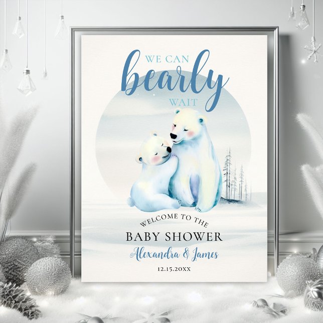 Bearly Wait Polar Bear Cub Baby Boy Shower Welcome Poster (winter boy baby shower bearly wait polar bear mama cub watercolor welcome sign poster)