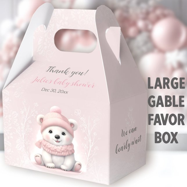 Bearly Wait Polar Bear Pink Baby Shower Large Favor Boxes (Pink Polar Bear Large Gable Favor Boxes - You can choose from 3 sizes of these gable favor boxes)