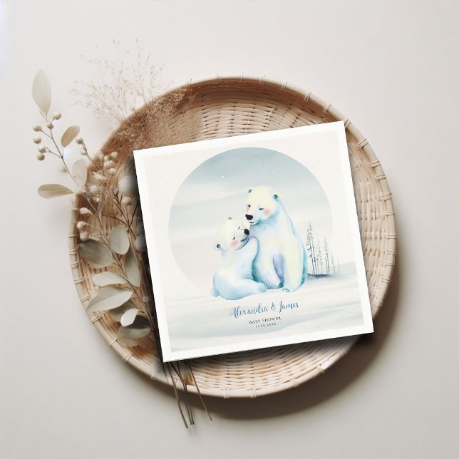 Bearly Wait Polar Mama Bear Cub Baby Boy Shower Napkins (winter boy baby shower bearly wait polar bear mama cub watercolor cute adorable love napkin custom)