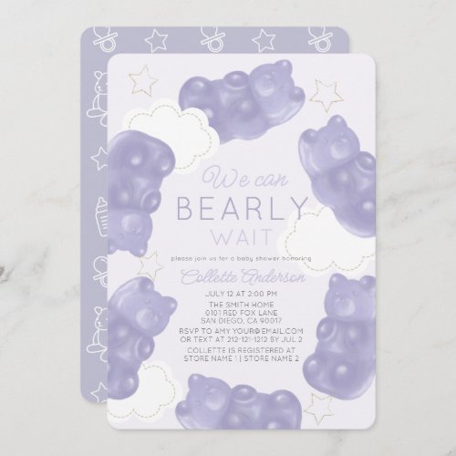 Bearly Wait Purple Gummy Bear Baby Shower Invitation