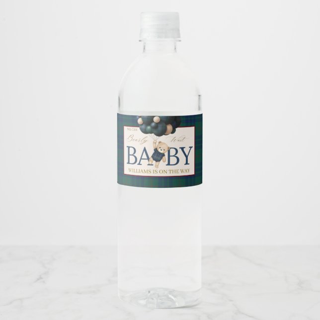 Bearly Wait Teddy Balloon Baby Shower books Water Bottle Label (Front)