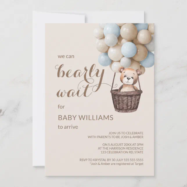 Bearly Wait Teddy Balloons Boy Baby Shower Invitation | Zazzle