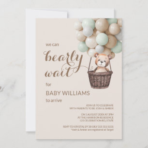 Bearly Wait Teddy Balloons Green Baby Shower Invitation