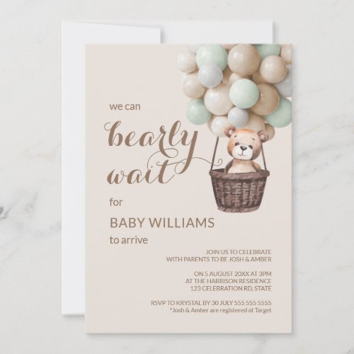 Bearly Wait Teddy Balloons Green Baby Shower  Invitation