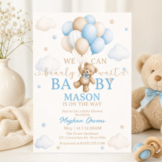 Bearly Wait Teddy Bear Baby Shower, Blue Balloon  Invitation