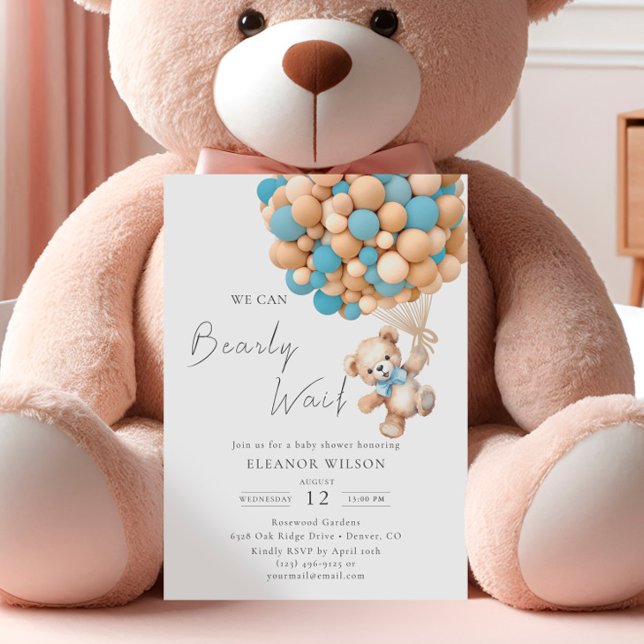 Bearly Wait Teddy Bear Baby Shower Blue Balloon Invitation (Creator Uploaded)