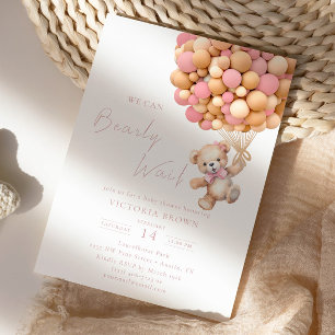 Bearly Wait Teddy Bear Baby Shower Pink Balloon Invitation