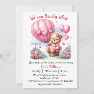 bearly wait teddy bear balloon baby girl shower invitation