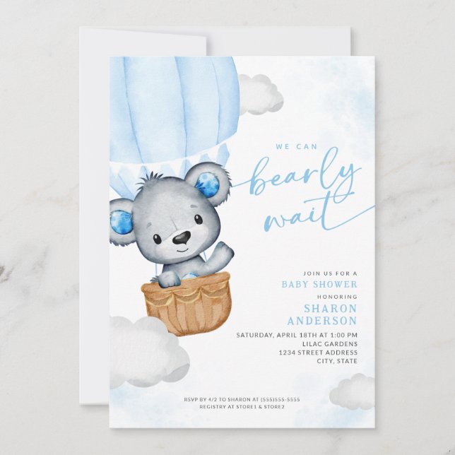 Bearly Wait Teddy Bear Balloon Boy Baby Shower Invitation (Front)