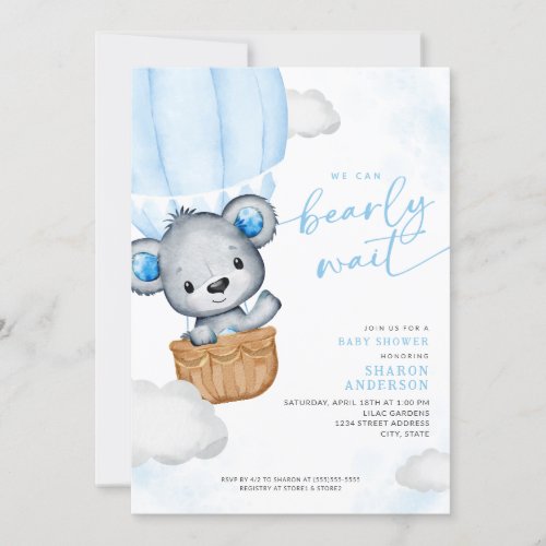 Bearly Wait Teddy Bear Balloon Boy Baby Shower Invitation