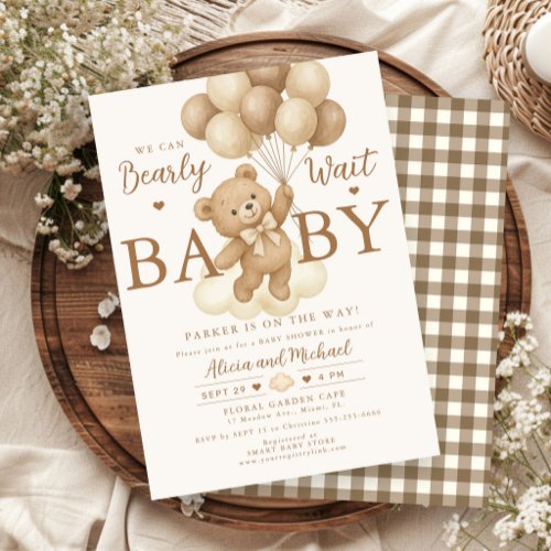 Bearly wait teddy bear balloon neutral baby shower invitation