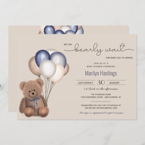 Bearly Wait Teddy Bear  Balloons Baby Shower Invi Invitation