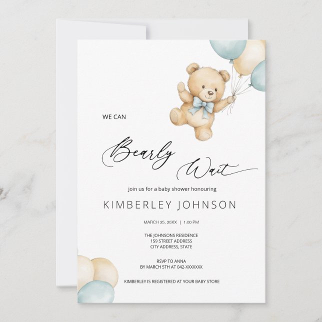 Bearly Wait Teddy Bear & Baloons Baby Shower Invitation (Front)
