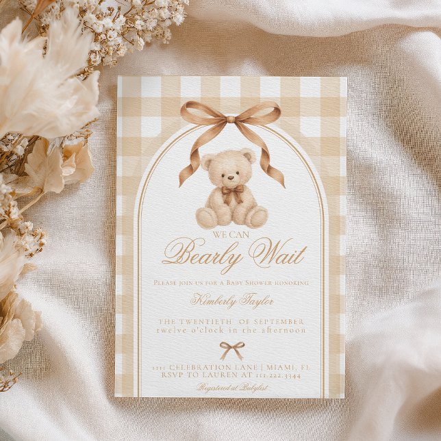 Bearly Wait Teddy Bear Beige Gingham Baby Shower Invitation (Creator Uploaded)
