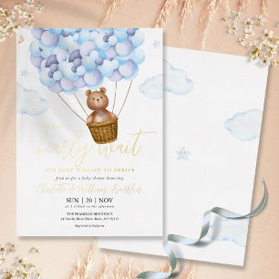 Bearly Wait Teddy Bear Blue Boy Baby Shower Gold Foil Invitation