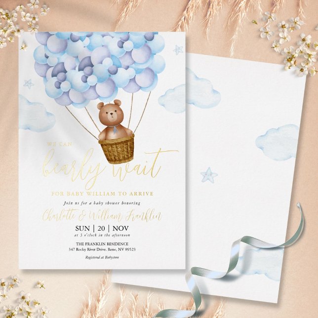 Bearly Wait Teddy Bear Blue Boy Baby Shower Gold Foil Invitation (Creator Uploaded)
