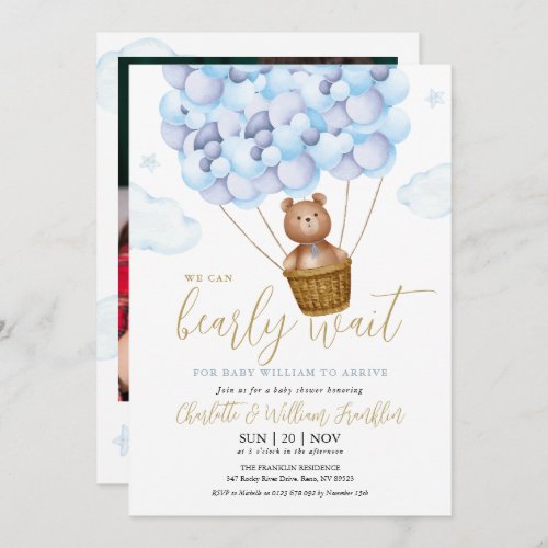 Bearly Wait Teddy Bear Blue Boy Photo Baby Shower Invitation