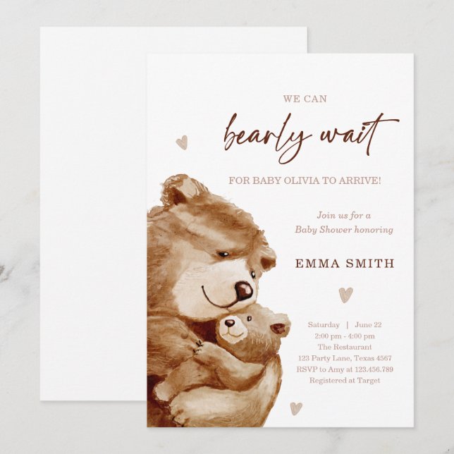 Bearly Wait Teddy Bear Boho Neutral Baby Shower Invitation (Front/Back)