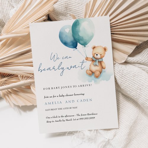 Bearly Wait Teddy Bear Boy Baby Shower Invitation