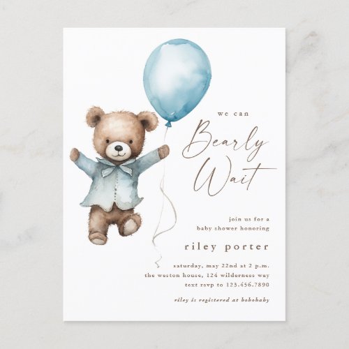 Bearly Wait Teddy Bear Boys Baby Shower Invitation Postcard