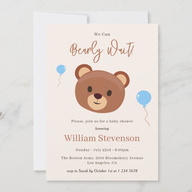 Bearly Wait Teddy Bear Brown Blue Boy Baby Shower Invitation (Front)