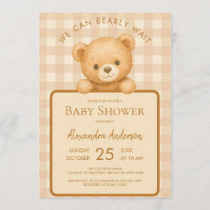 Bearly Wait Teddy Bear & Brown Gingham Baby Shower Invitation