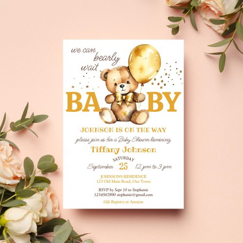 Bearly wait teddy bear gold brown baby shower invitation