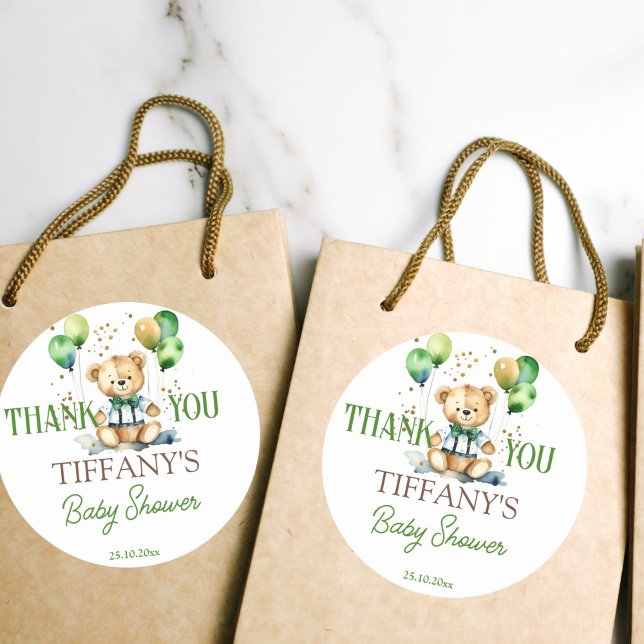 Bearly wait teddy bear green baby shower favor classic round sticker (Bearly wait teddy bear baby shower green balloons thank you favor stickers cute teddy green balloons)