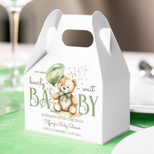 Bearly wait teddy bear green brown baby shower favor boxes (Bearly wait teddy bear sage green brown baby shower favors personalized printed favor boxes)