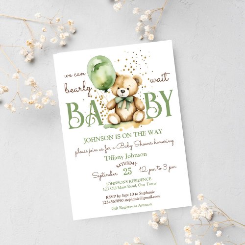 Bearly wait teddy bear green brown baby shower invitation