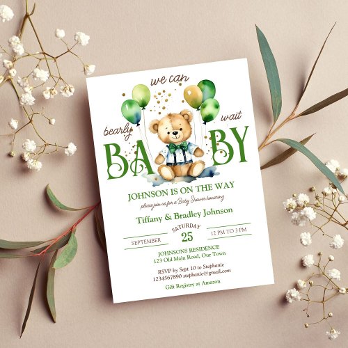 Bearly wait teddy bear green brown baby shower invitation