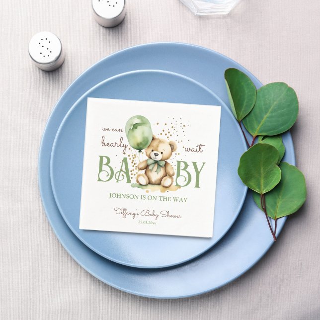 Bearly wait teddy bear green brown baby shower napkins (Bearly wait cute teddy bear sage green balloon baby shower monogram printed napkins table decor)