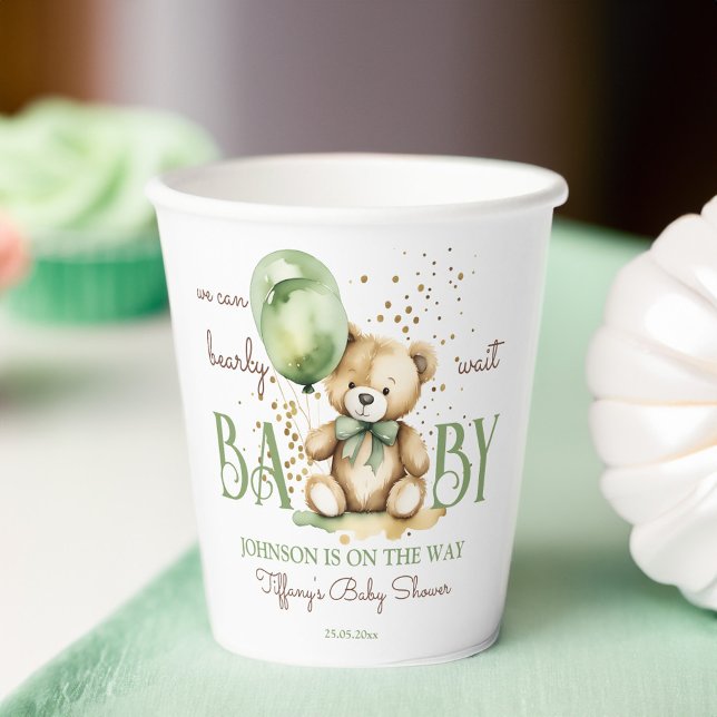 Bearly wait teddy bear green brown baby shower paper cups (Bearly wait teddy bear sage green brown baby shower personalized printed paper cups table decor)