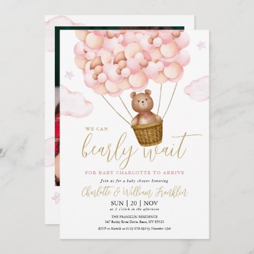 Bearly Wait Teddy Bear Photo Pink Girl Baby Shower Invitation