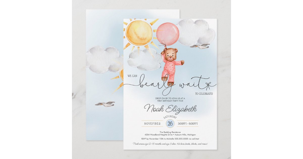 Bearly Wait Teddy Bear Pink Balloon First Birthday Invitation | Zazzle