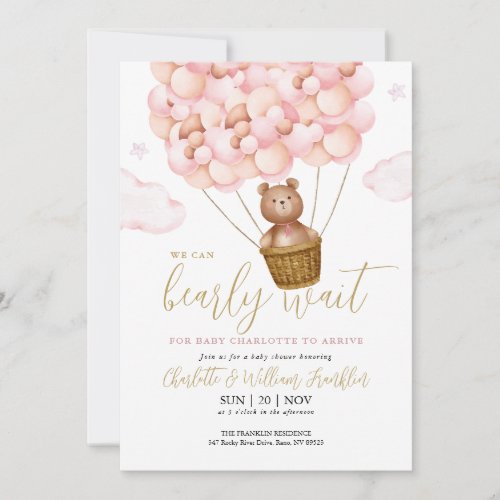 Bearly Wait Teddy Bear Pink QR Code Baby Shower Invitation