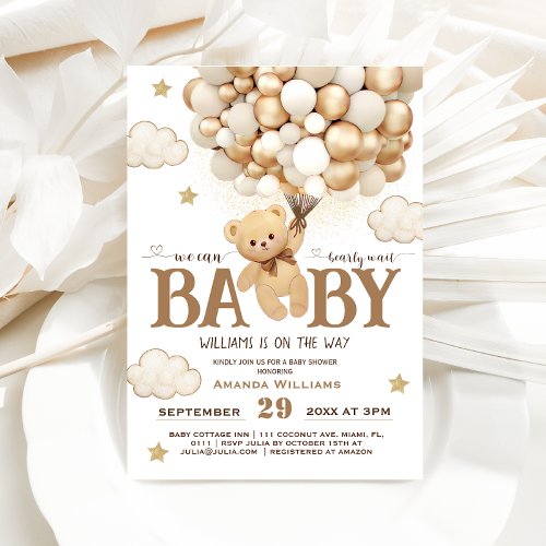 Bearly Wait Teddy Bear With Balloons Baby Shower Invitation