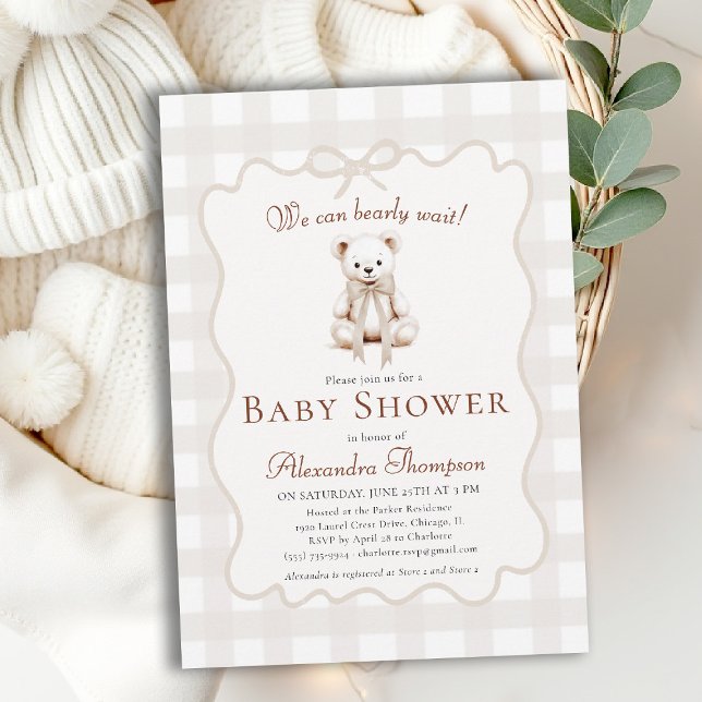 Bearly Wait Teddy Bow Neutral Gingham Baby Shower Invitation (bearly wait baby shower invitation traditional classic nursery decor neutral gingham teddy bear bow)