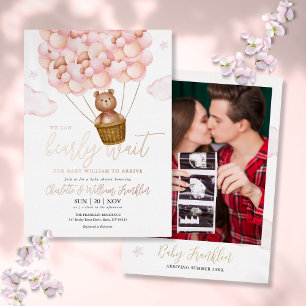 Bearly Wait Teddy Girl Photo Baby Shower Rose Gold Foil Invitation