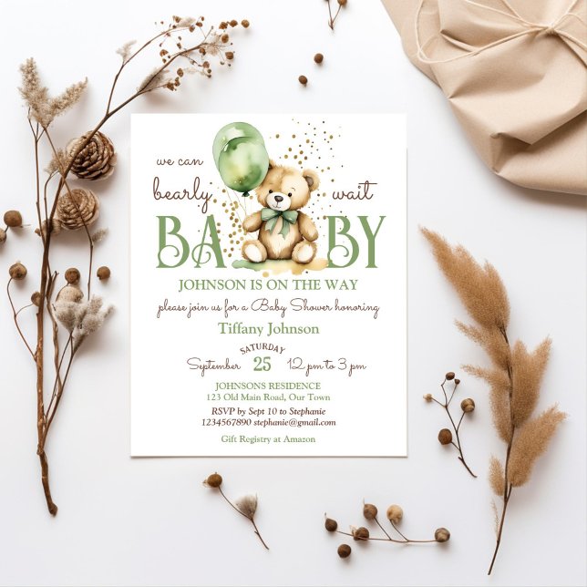 Bearly wait teddy green baby shower budget invite (Bearly wait teddy bear themed baby shower budget invitation template sage green brown themed balloon)