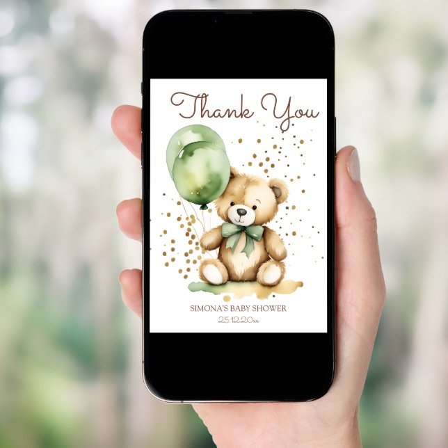 Bearly wait teddy green baby shower thank you card (Front Digital)
