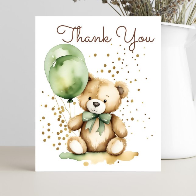 Bearly wait teddy green baby shower thank you card (Sage green teddy bear baby shower thank you card cute teddy with green balloons gold sprinkles)