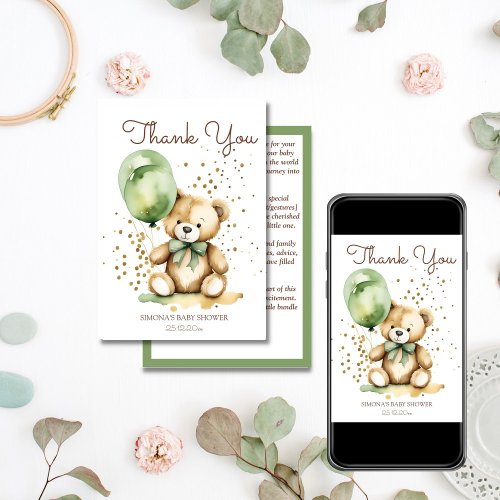 Bearly wait teddy green baby shower thank you card